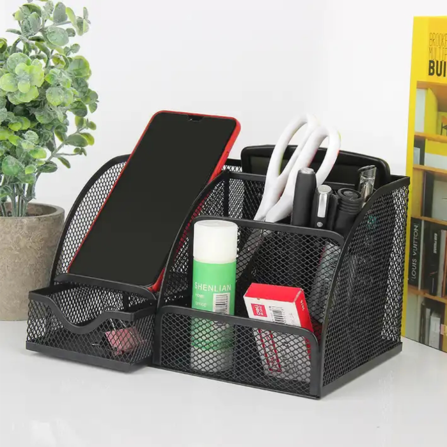 Metal Stationary Organizer Black Desk Caddy Mesh Desk Organizer Office Desktop Organizer with Drawer