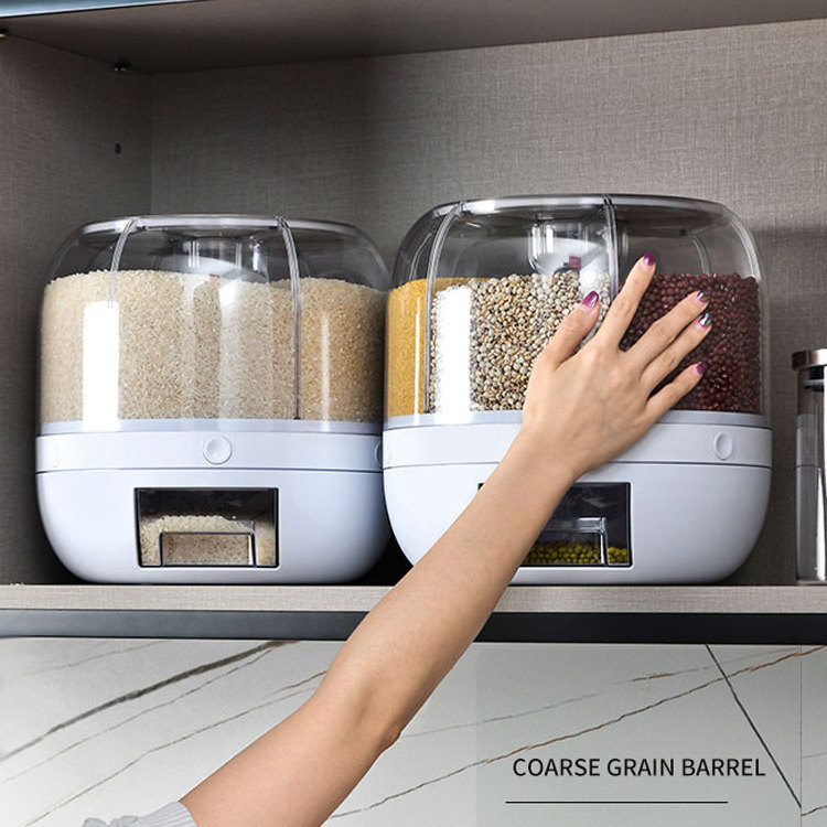 Kitchen Storage Container Box Rotating Dry Food Rice Dispenser 6-grid Rotary Grain Buckets Rice Container Storage with Lid PC