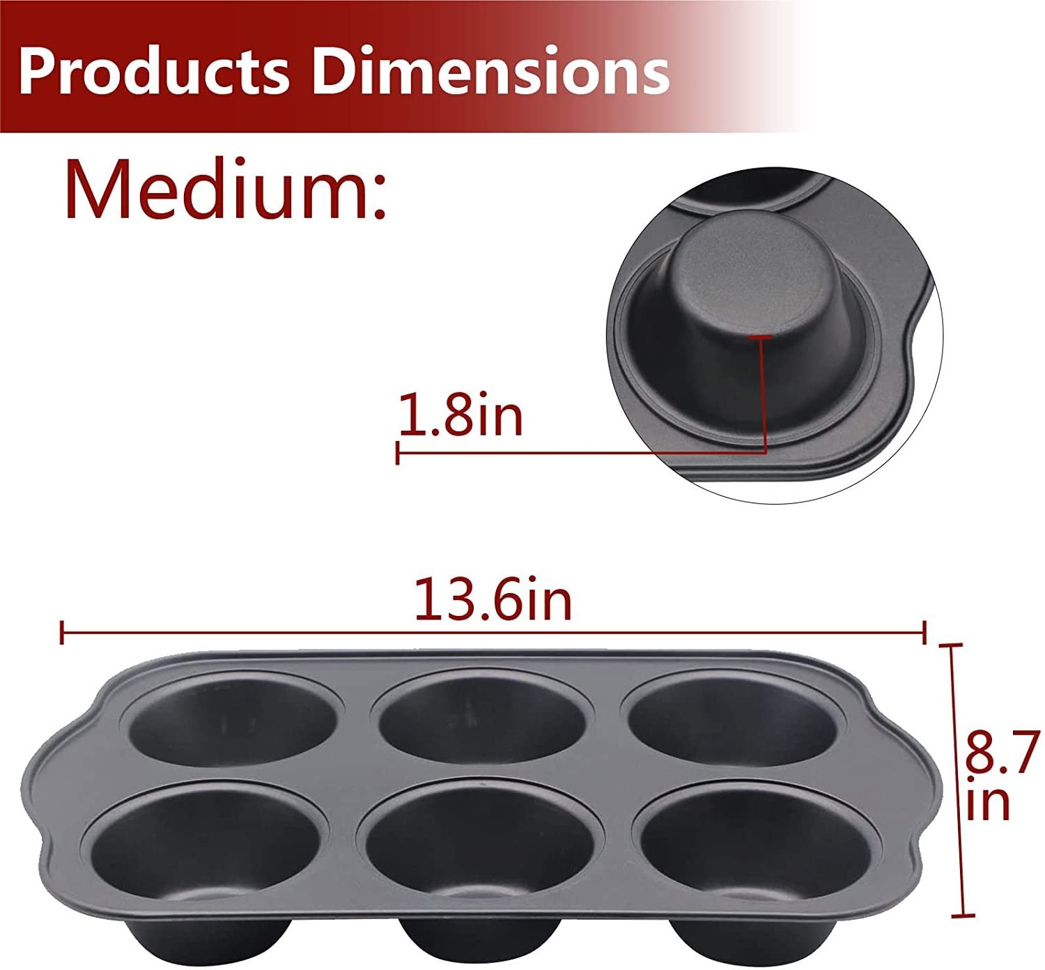 Super wide handle 2 muffin pans non stick 6 cups quick release coated grey cupcake tin carbon steel baking mould