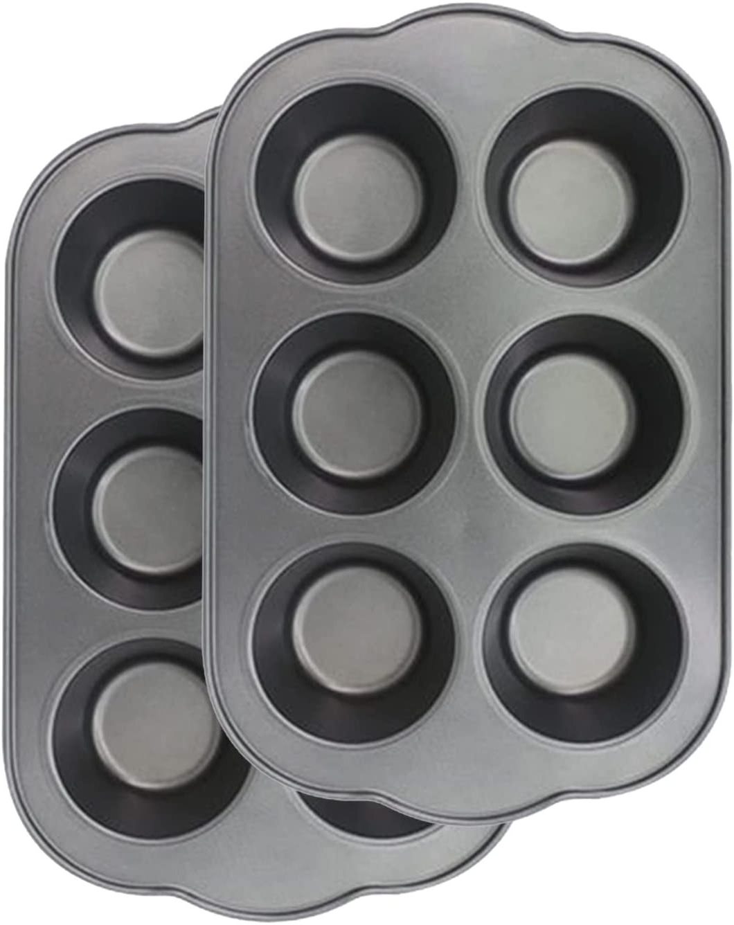 Super wide handle 2 muffin pans non stick 6 cups quick release coated grey cupcake tin carbon steel baking mould