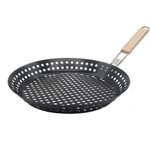 BBQ round skillet outdoor portable folding handle grill pan non-stick material barbecued pork belly vegetables