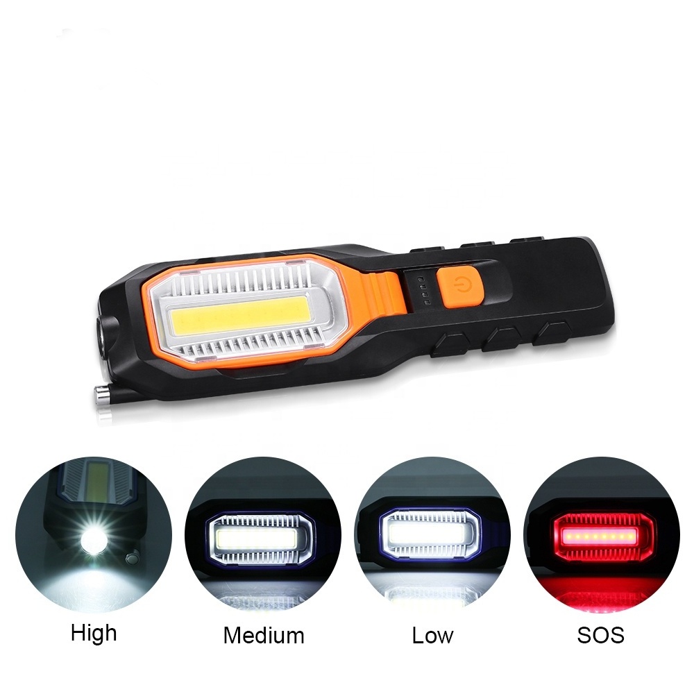 Cob Portable Handheld Usb Flashlight Torch Rotatablemagnetic Working Light With Magnet & Hook & 4 Modes