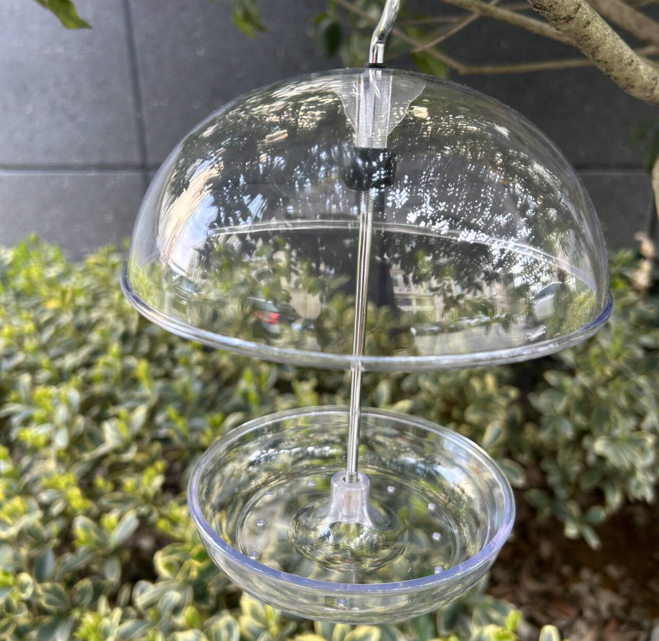 Outdoor hanging adjustable platform bird feeder, dome-top metal tray bird feeder