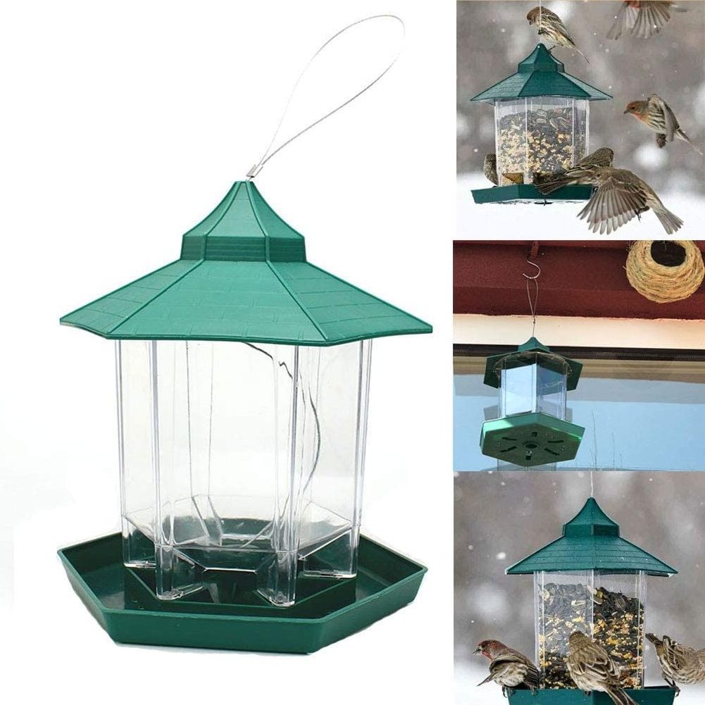 Hot Selling 4 Patio Plastic Hanging Wild Bird Seed Feeder with Waterproof Roof Hexagon Shaped Gazebo Wild Bird Feeder