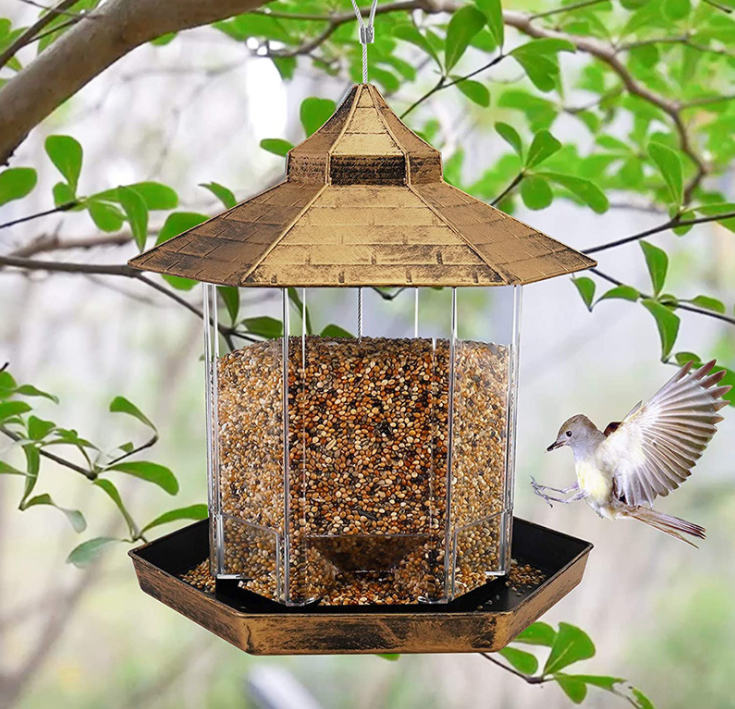 Hot Selling 4 Patio Plastic Hanging Wild Bird Seed Feeder with Waterproof Roof Hexagon Shaped Gazebo Wild Bird Feeder