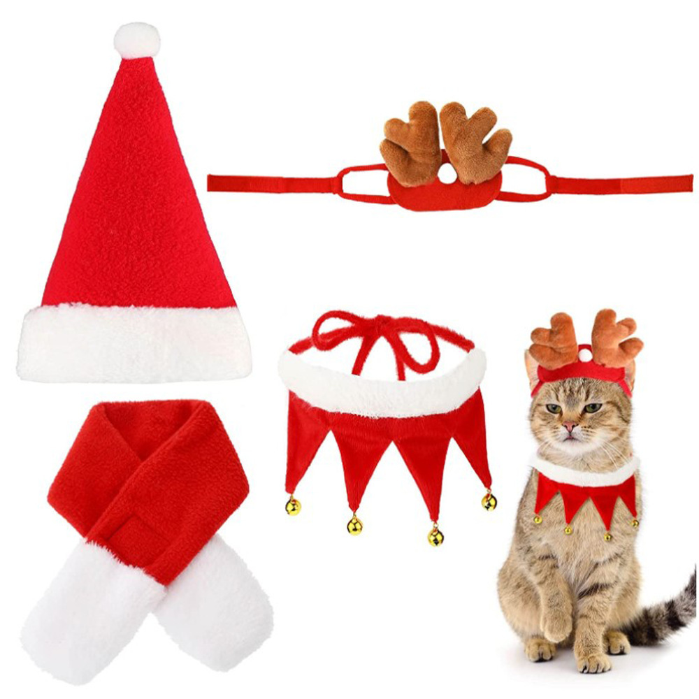 Pet Costumes Christmas Dress Up Set Soft Dog Santa Scarf Hat Bandana Pet Hat For Small Dog And Cat