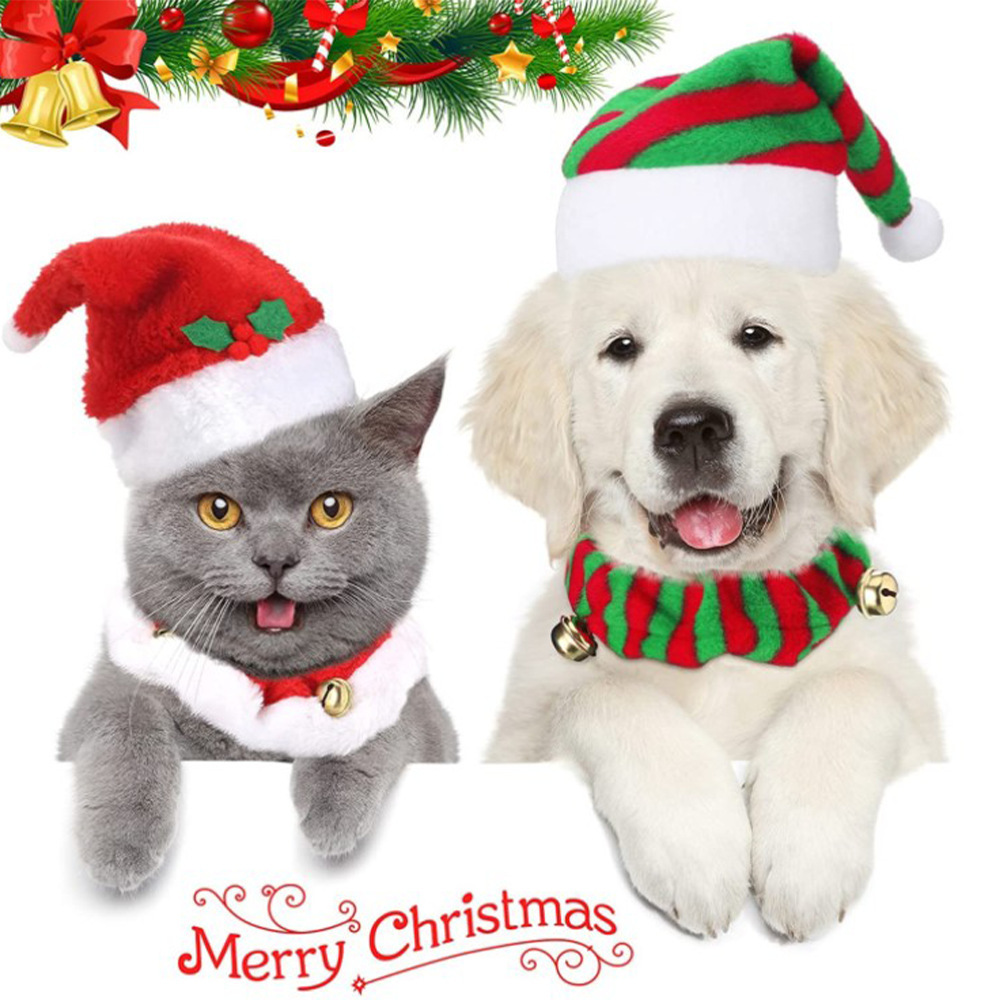 Pet Costumes Christmas Dress Up Set Soft Dog Santa Scarf Hat Bandana Pet Hat For Small Dog And Cat