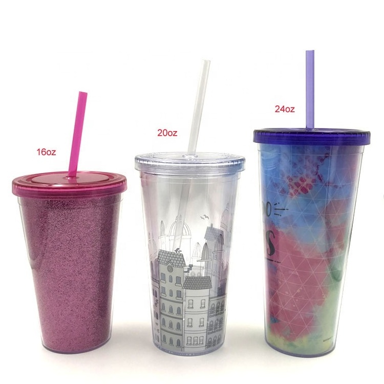 Promotional 20oz/24oz custom plastic double wall insulated souvenir tumbler cups with straw