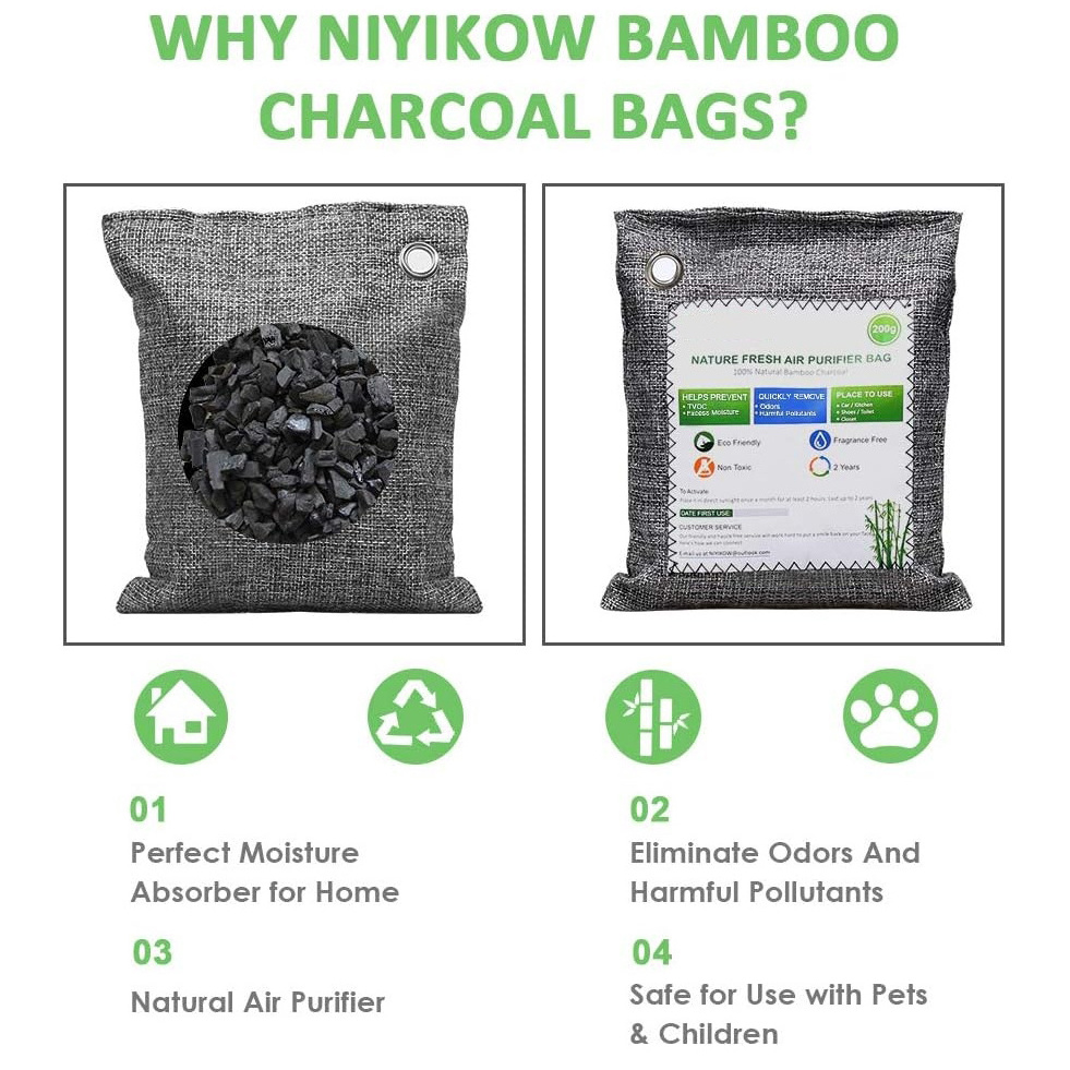 Bamboo Charcoal Air Purifying Bags Activated Charcoal Odor Absorber for Home Car Closet Pets Basement Odor Eliminator -Grey