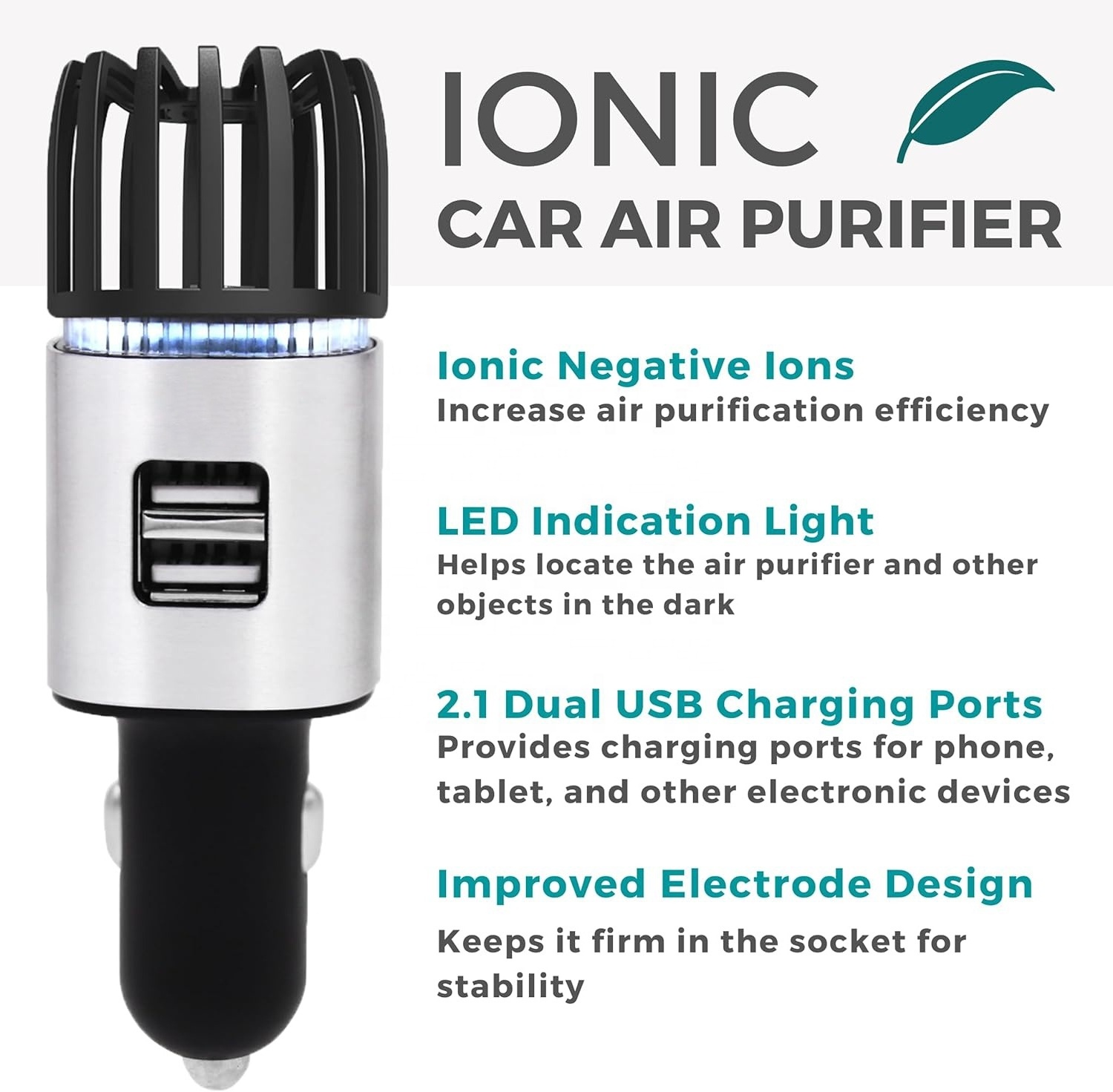 Ion car air Purifier with dual USB car charger. Car air freshener eliminates odors and dust. Remove fumes, pet and food odors