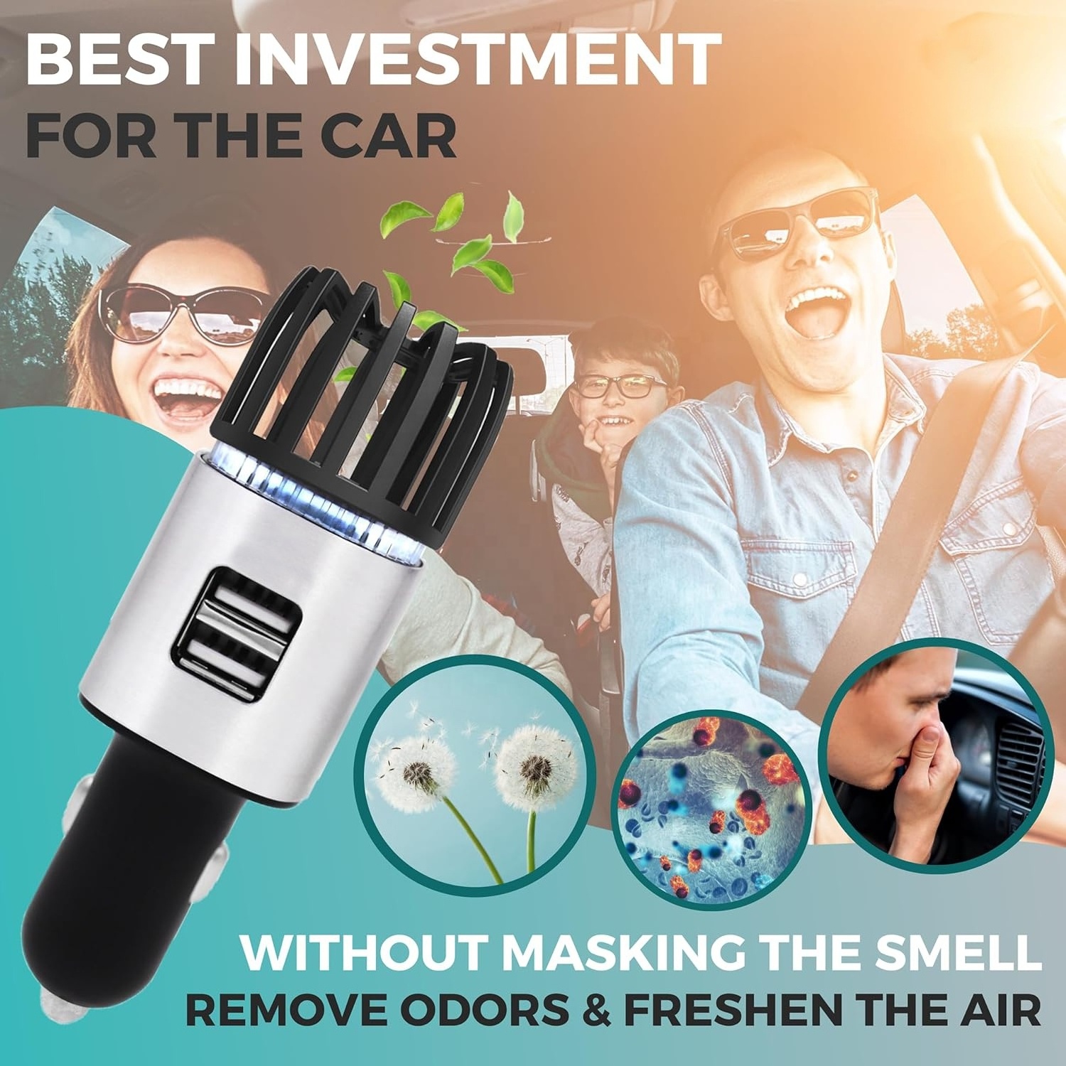 Ion car air Purifier with dual USB car charger. Car air freshener eliminates odors and dust. Remove fumes, pet and food odors