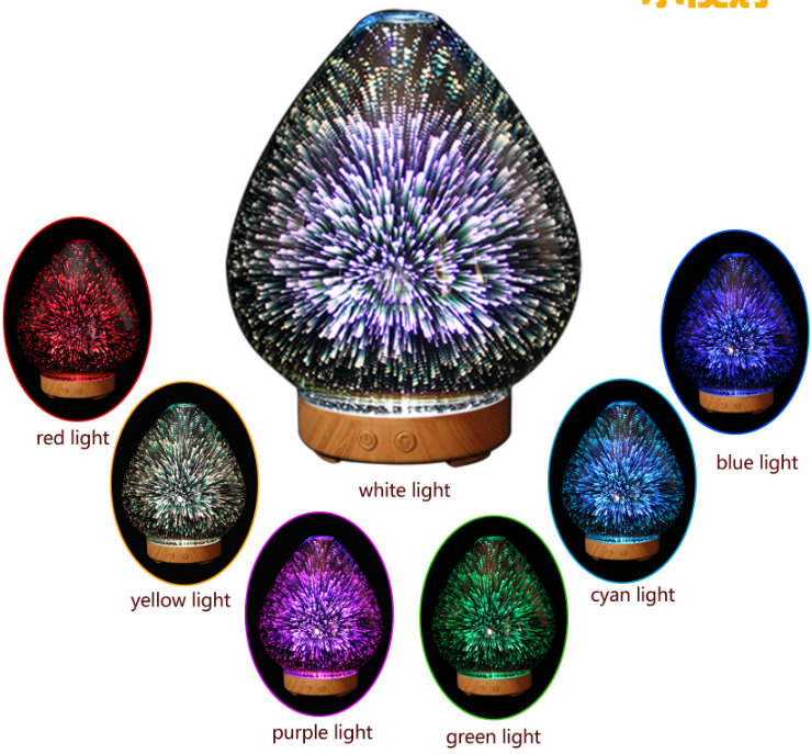 Firework Glass 3D Vase Shape Aroma Essential Oil Diffuser Cool Mist Humidifier Humidification Free Spare Parts  7 Color Led