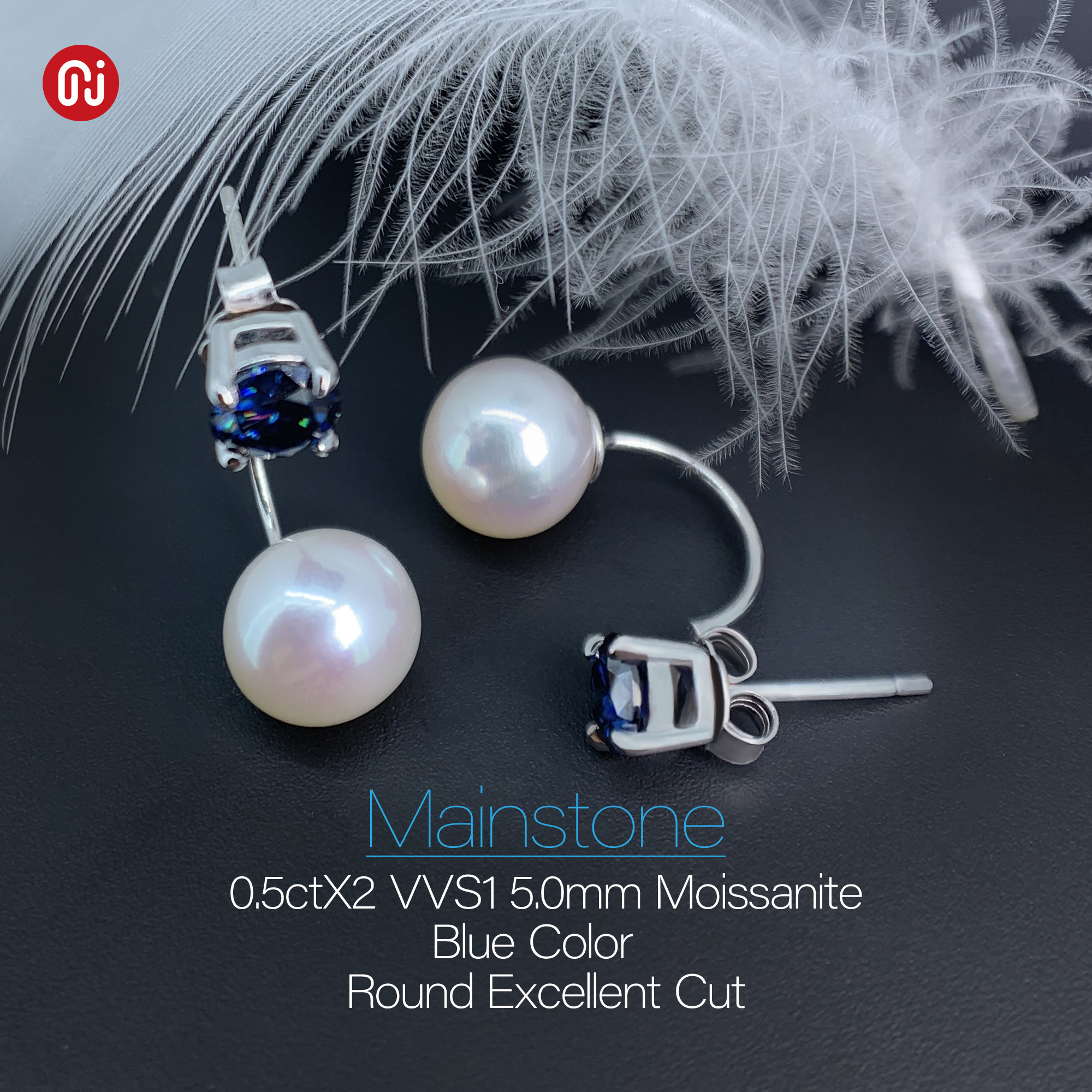 GIGAJEWE 5mm Blue Round Moissanite and 7mm Freshwater Pearl 925 Silver Drop Earring 18K Gold Plated Diamond Jewelry