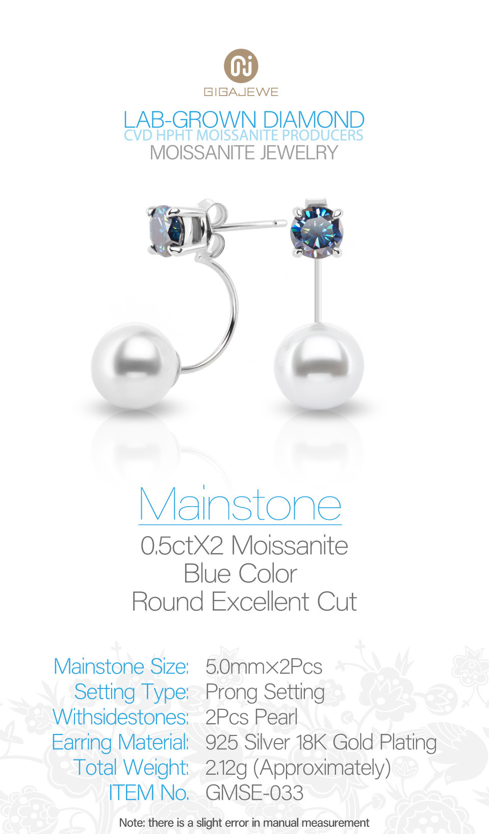 GIGAJEWE 5mm Blue Round Moissanite and 7mm Freshwater Pearl 925 Silver Drop Earring 18K Gold Plated Diamond Jewelry