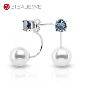 GIGAJEWE 5mm Blue Round Moissanite and 7mm Freshwater Pearl 925 Silver Drop Earring 18K Gold Plated Diamond Jewelry