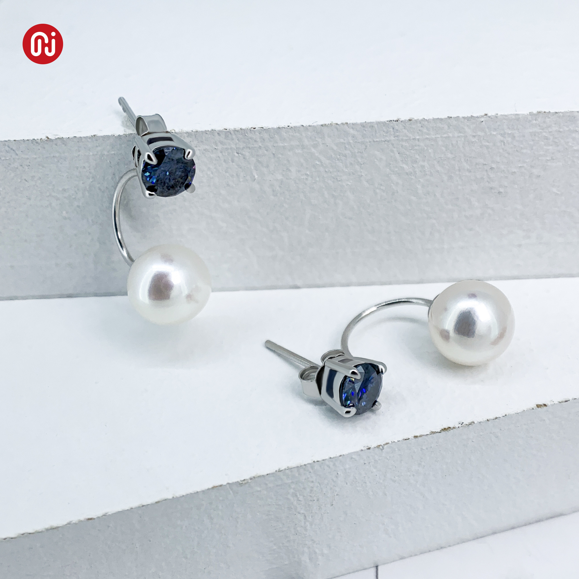 GIGAJEWE 5mm Blue Round Moissanite and 7mm Freshwater Pearl 925 Silver Drop Earring 18K Gold Plated Diamond Jewelry