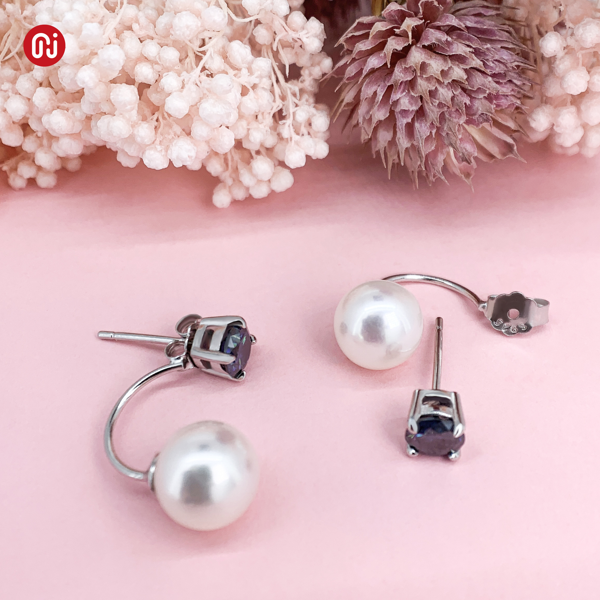 GIGAJEWE 5mm Blue Round Moissanite and 7mm Freshwater Pearl 925 Silver Drop Earring 18K Gold Plated Diamond Jewelry