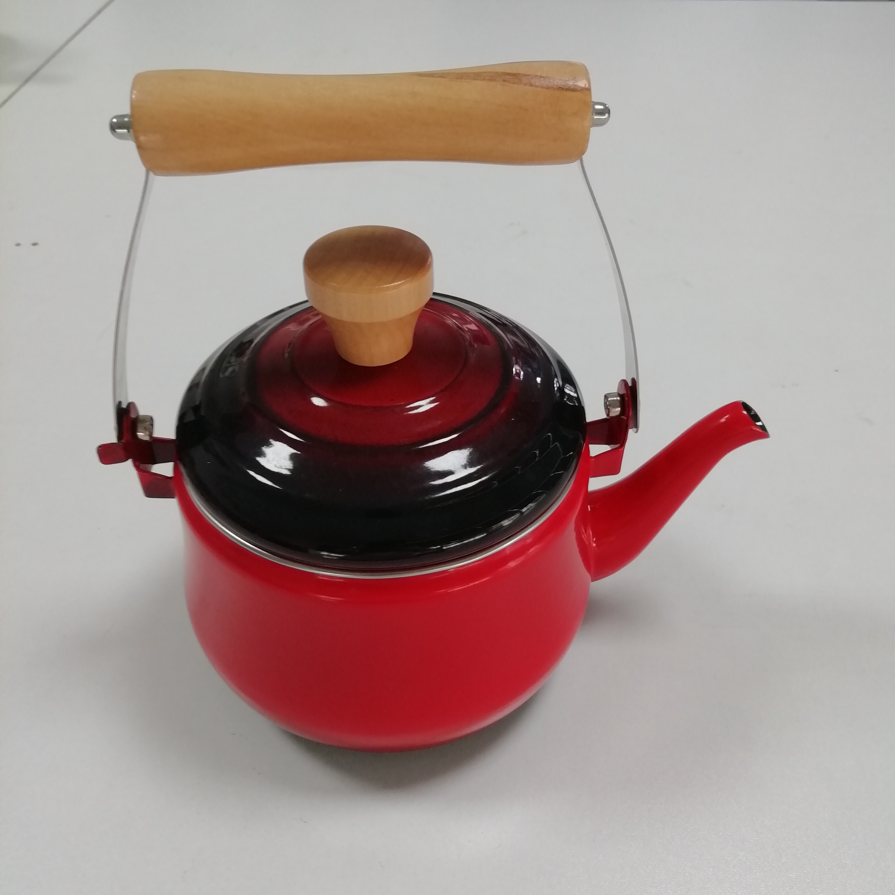 red  enamel tea kettle with wooden handle and customized acceptable