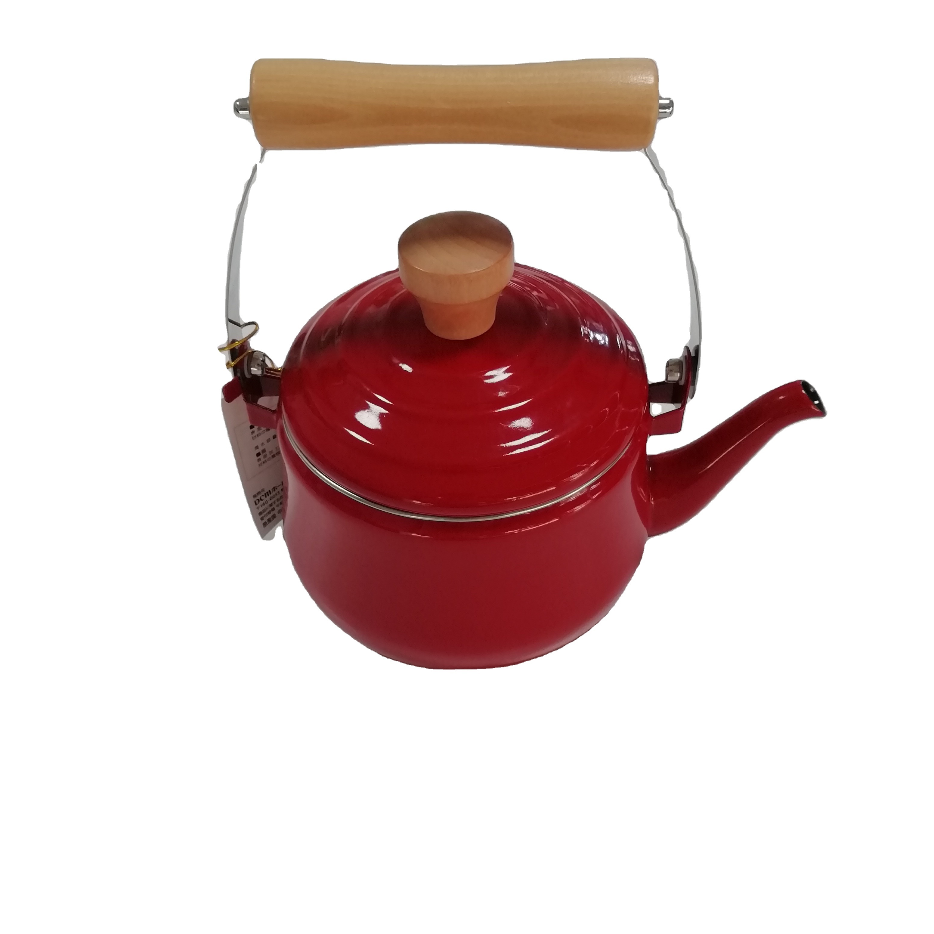 361F modern style 1.6 L red enamel tea kettle with wooden handle