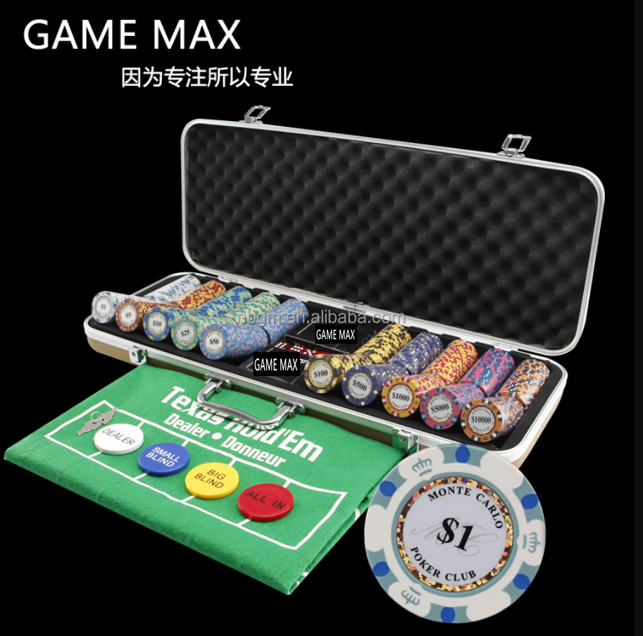 500pcs 14g Poker Chip Set with Black or Sliver Aluminum   Case/Casino Poker Set