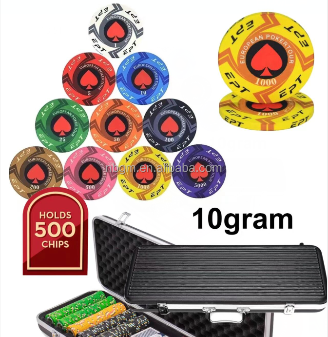 500pcs  *EPT 10g Ceramic  Poker Chip Set with Black ABS  or Sliver Aluminum   Case/Casino Poker Set