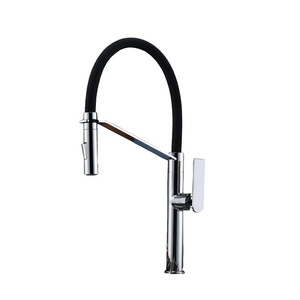 Pull Down Brass Kitchen Sink Faucet Rubber Pipe with Black Cold and Hot Water Mixer Single Handle Single Hole Modern Zinc Alloy