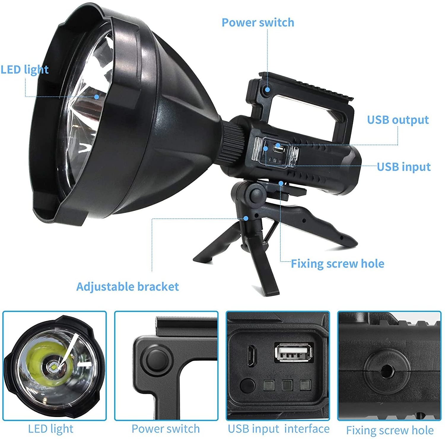 Goldmore5 Rechargeable LED Spotlight Flashlights 90000 High Lumens Upgraded XHP90.2 Super Bright Searchlight with 4 Modes IPX5