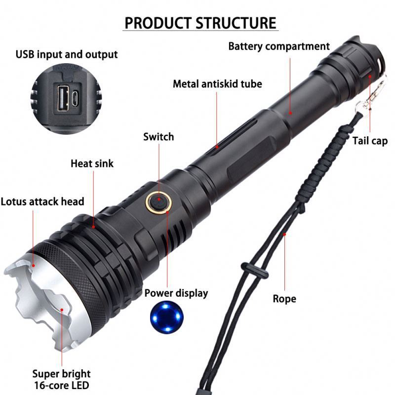 GOLDMORE1 New XHP160 110 strong light flashlight 16-core LED telescopic zoom with charging treasure power display flashlight