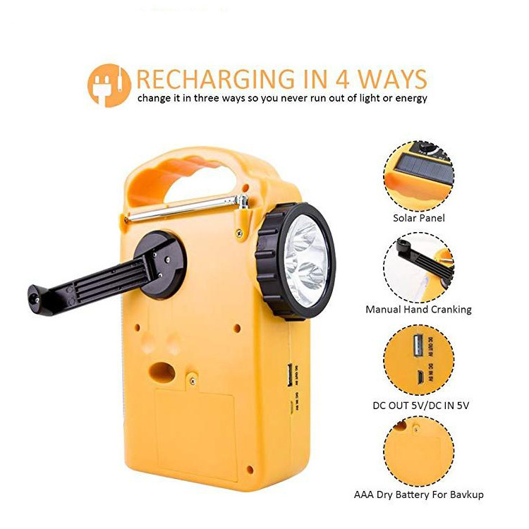 Ningbo 5 LED battery powered solar Radio Dynamo Emergency LED Flashlight for Household Emergency and Outdoor Survival(Yellow)