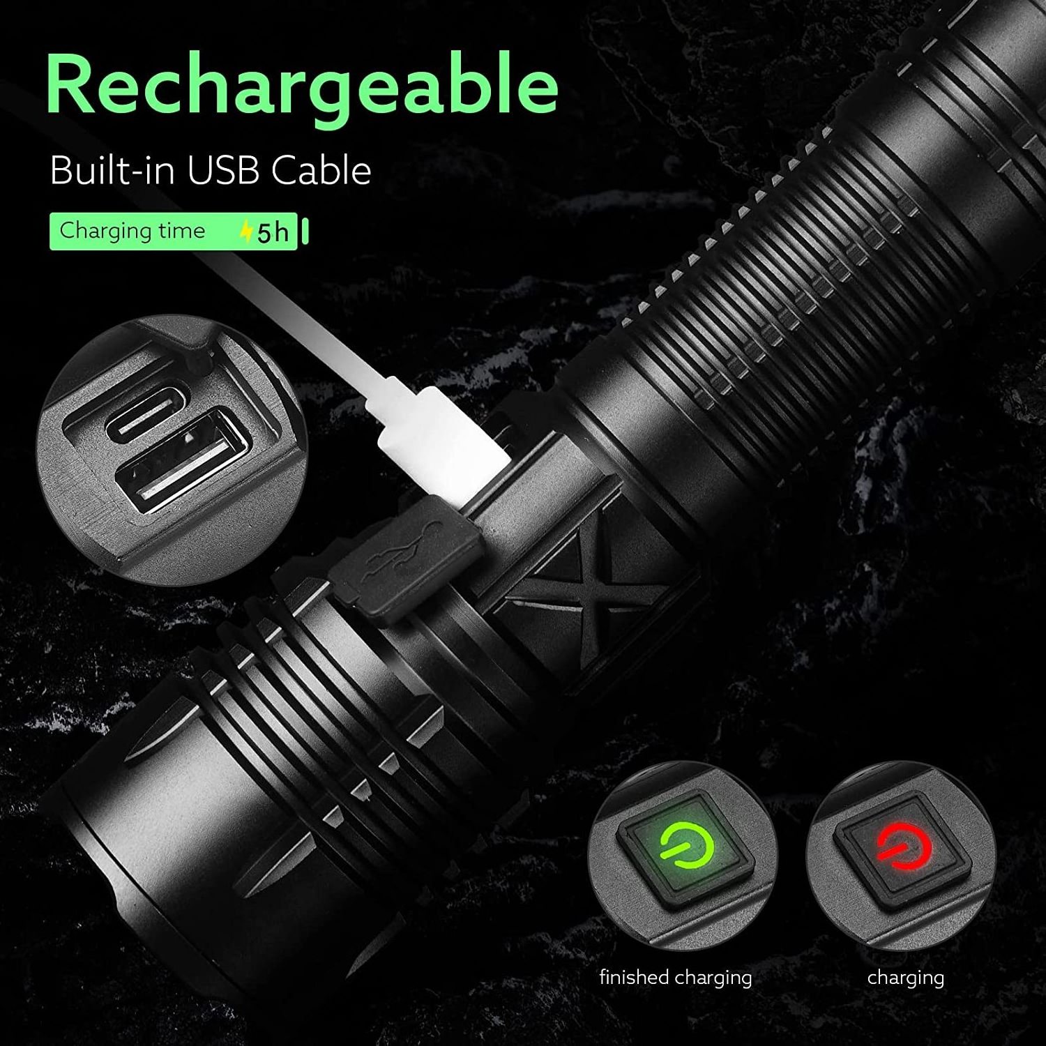 Goldmore Rechargeable Tactical Flashlights High Lumens,1000 Lumens Super Bright 5 Lighting Modes Zoomable IP68 Waterproof