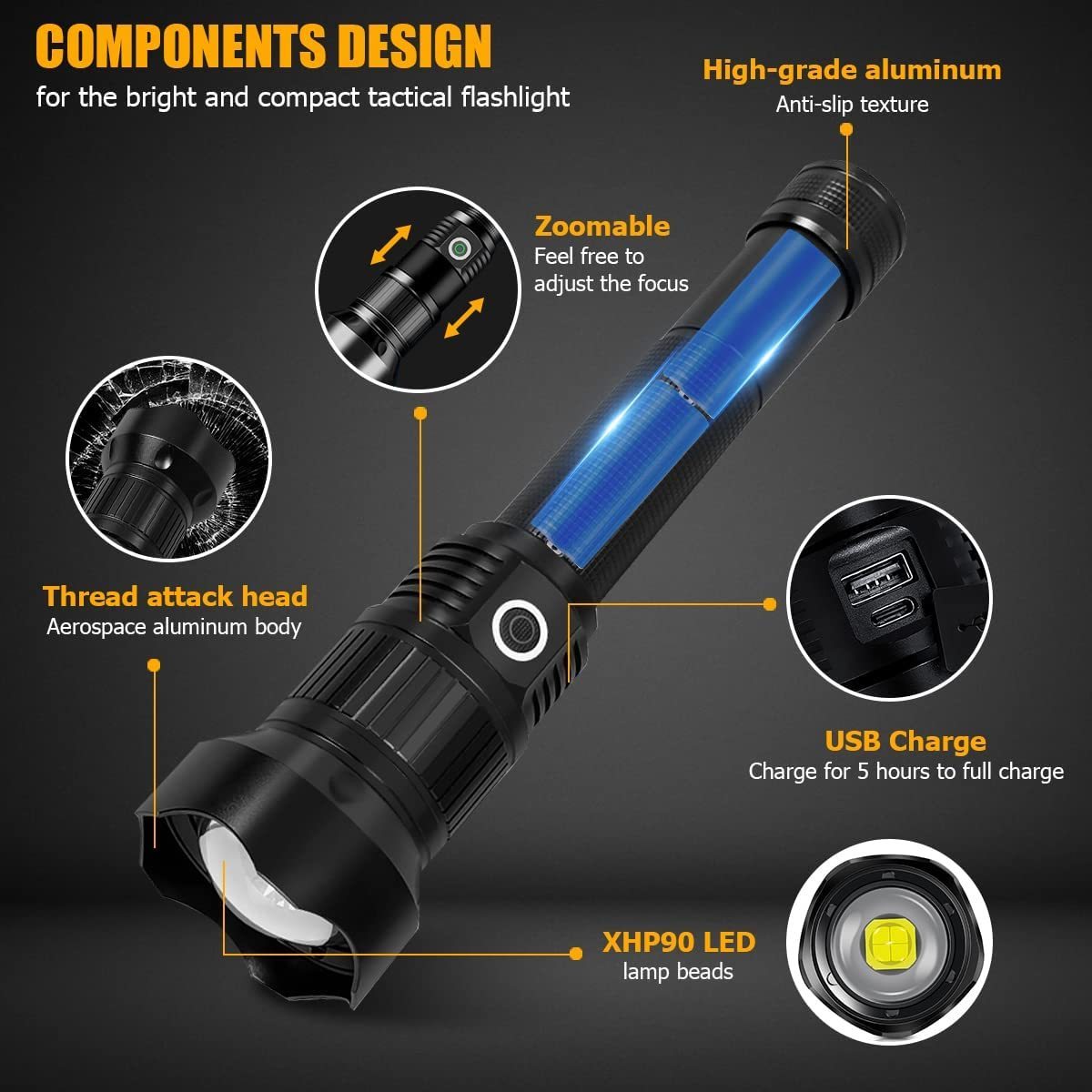 Goldmore5 Rechargeable high lumens zoomable Rechargeable Flashlight XHP90 LEDs 90000 6 Mode High Lumens Handheld Flashlight