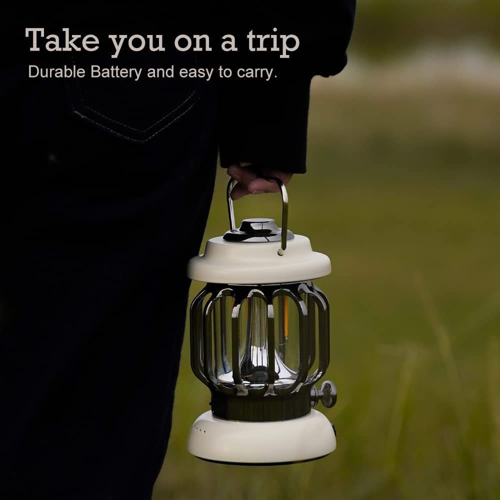 Goldmore5 LED Camping Lantern Rechargeable Retro Metal Camping Light Battery Powered Hanging Hand Crank Candle Lamp