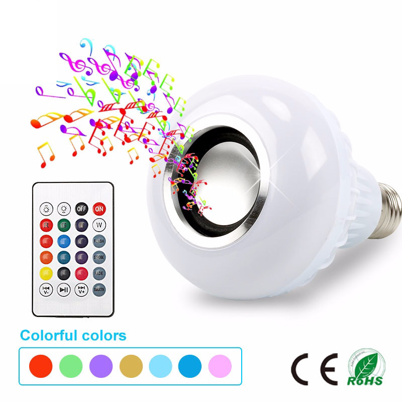 Smart E27 RGB Speaker LED Bulb Light 12W Music Playing Dimmable Wireless Led Lamp with 24 Keys Remote Control