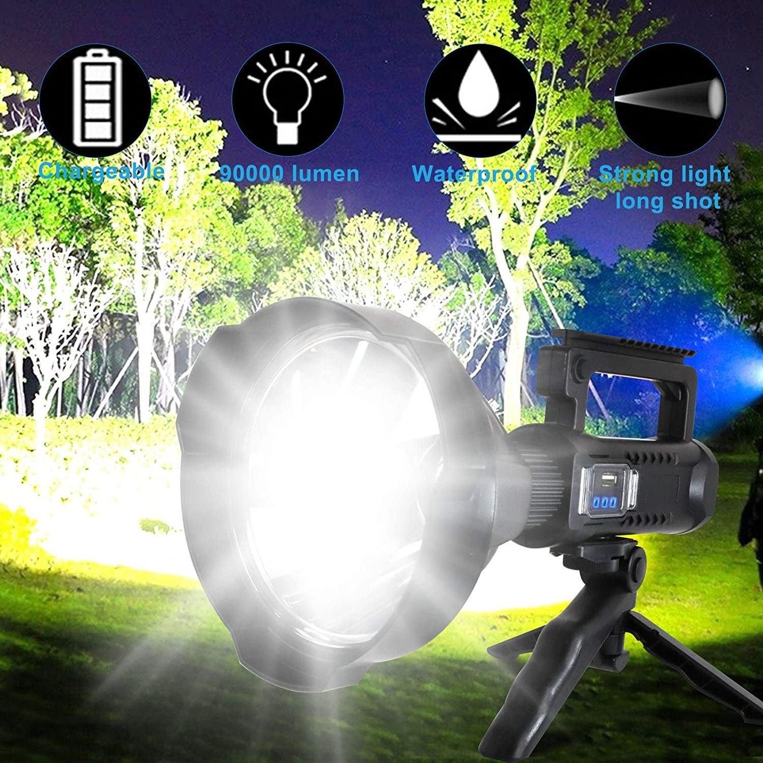 Goldmore5 Rechargeable LED Spotlight Flashlights 90000 High Lumens Upgraded XHP90.2 Super Bright Searchlight with 4 Modes IPX5