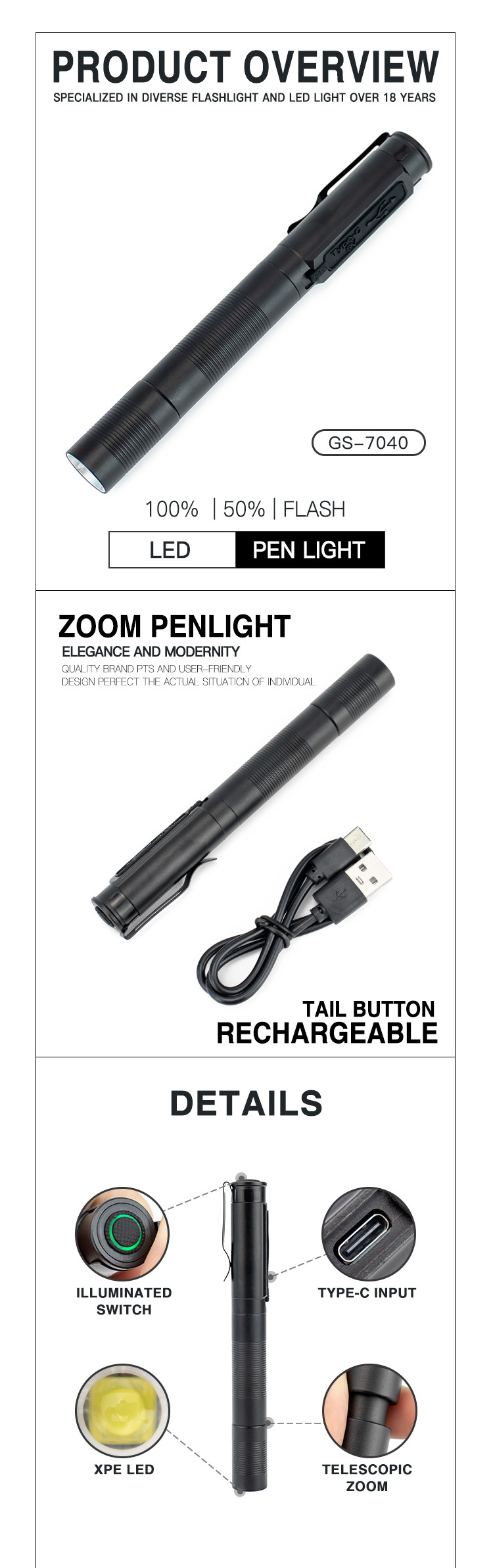 Type-C Powerful LED Pen Light 3w XPE Brightness Handheld Aluminum Alloy Rechargeable Diagnostic Zoom LED Flashlight