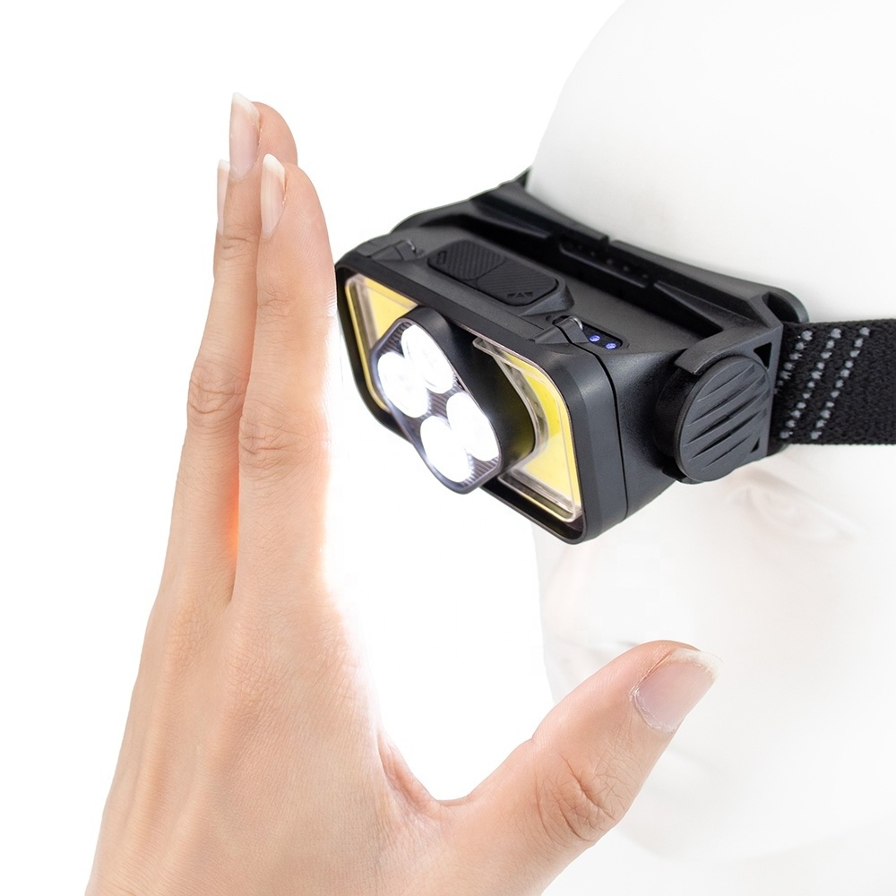 High Power Rechargeable LED Headlight Multi-Color COB Floodlight with Motion Sensor and Front Torch Built-In Battery Headlamp