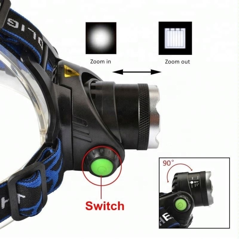 GS-6014 T6 Headlamp Super Bright LED Hunting Head Light High Power Rechargeable with Zoomable 3Modes Waterproof IPX4 for Camping