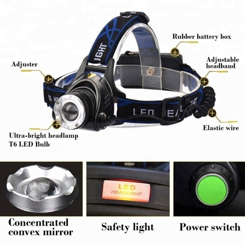 GS-6014 T6 Headlamp Super Bright LED Hunting Head Light High Power Rechargeable with Zoomable 3Modes Waterproof IPX4 for Camping