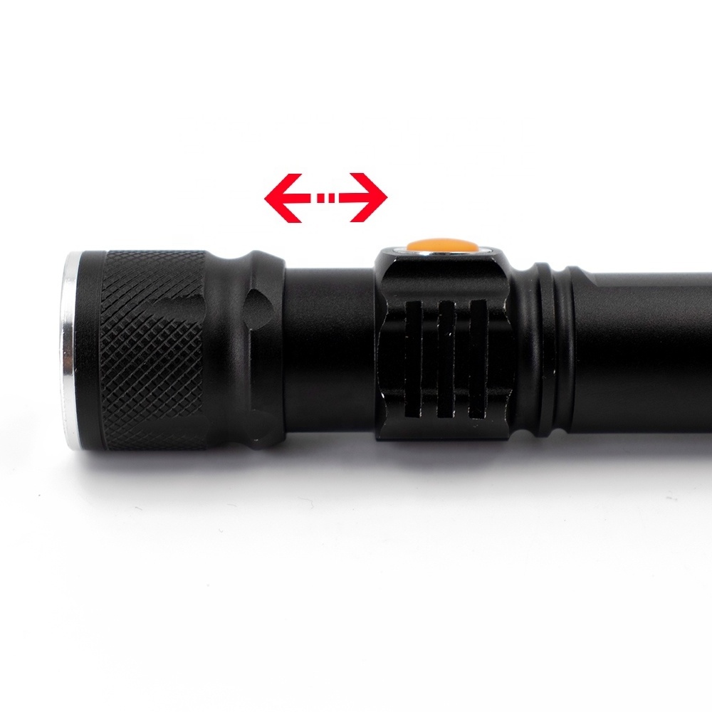 High Quality Custom Usb Rechargeable T6 Led Work Torch Middle Switch Aluminum Zoomable Portable Tactical Flashlight