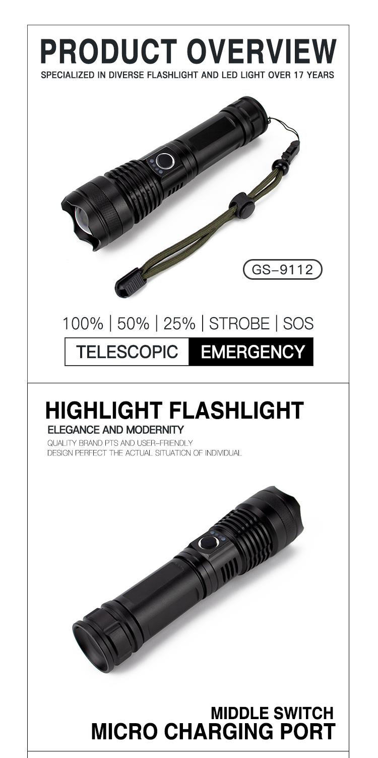 Waterproof super 5 modes bright zoomable torch XHP50 led tactical flashlights high lumens rechargeable