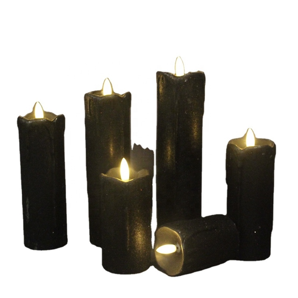 Set of 6 Real Wax Black Glitter Pillar Candles With New Black Wick Dripping Effect Battery Operated Flameless LED Candles