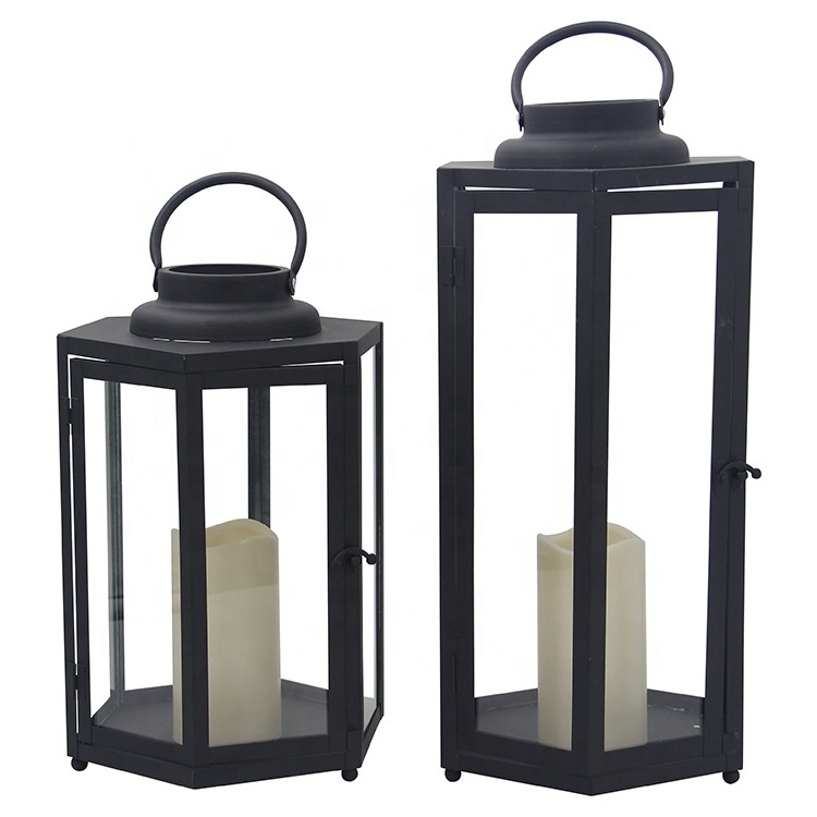 Black Geometric Battery Operated Modern Candle Holder Flameless LED Metal Candle Lantern for Indoor Decor