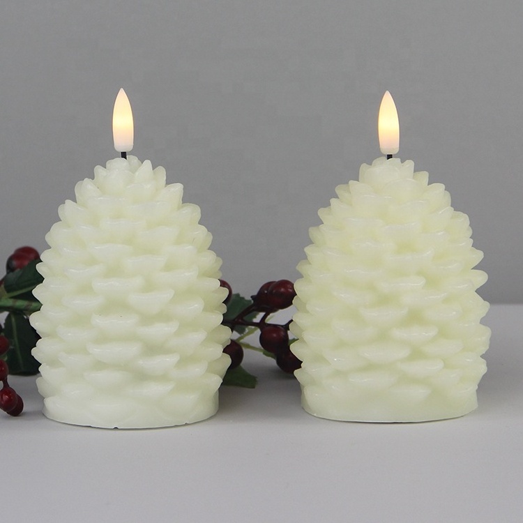 Christmas decorative Electric Custom Real Wax Pine Cone 3D Real Flame LED Light Candle With New Black Wick