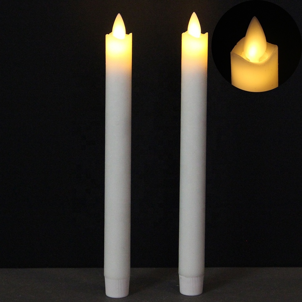 Wholesale wedding set of 2 white moving flame flickering real wax luxury electric battery operated flameless led taper candles