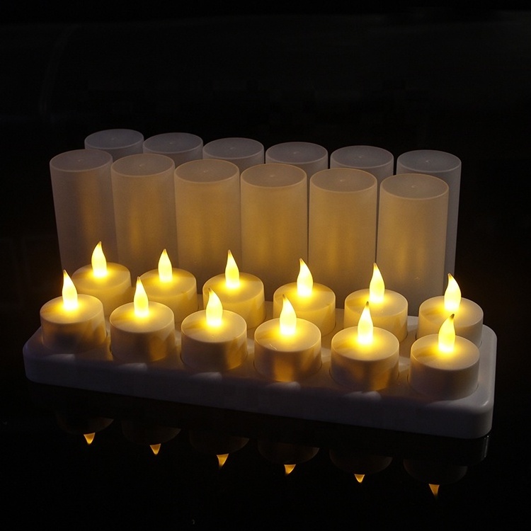 Set of 12 Sample Available Warm White Flickering Electric Flameless New Rechargeable LED Tea Light Candles for Home