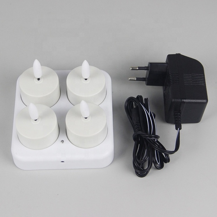 Set of 4 Flickering 3D Real Flame Velas Flameless Tea lights USB Rechargeable LED Candle Light with Charging Base