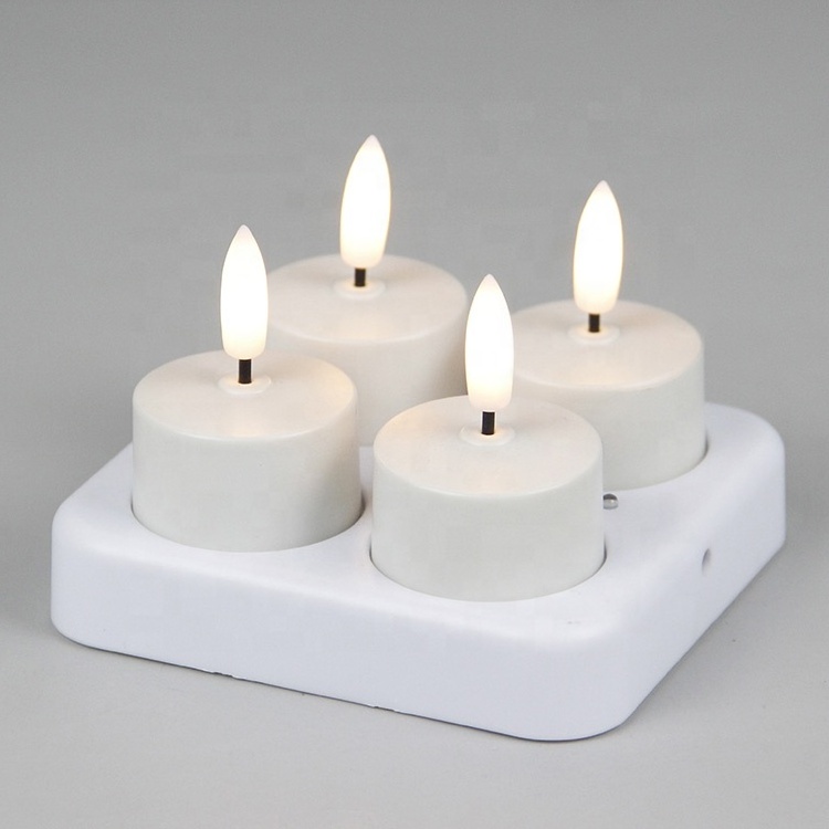 Set of 4 Flickering 3D Real Flame Velas Flameless Tea lights USB Rechargeable LED Candle Light with Charging Base