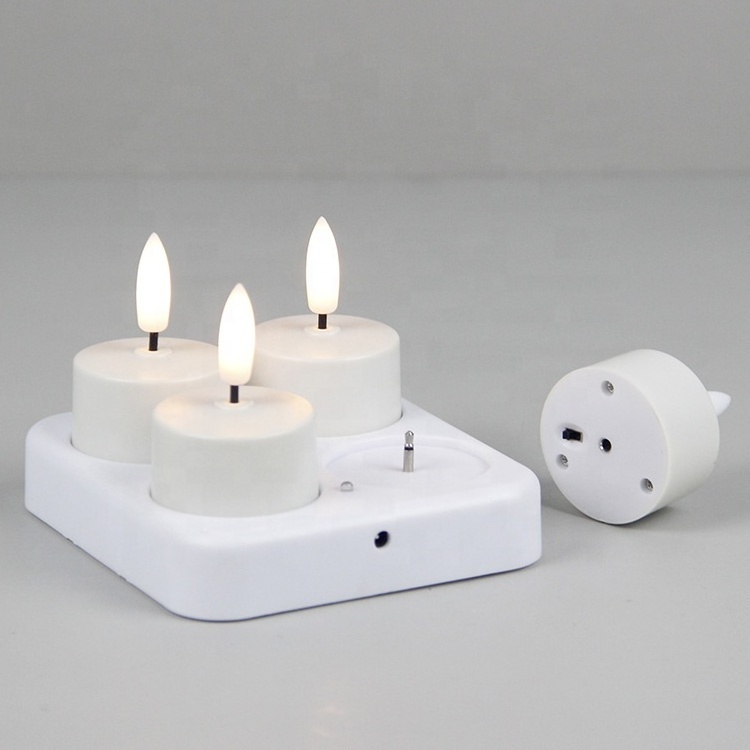 Set of 4 Flickering 3D Real Flame Velas Flameless Tea lights USB Rechargeable LED Candle Light with Charging Base