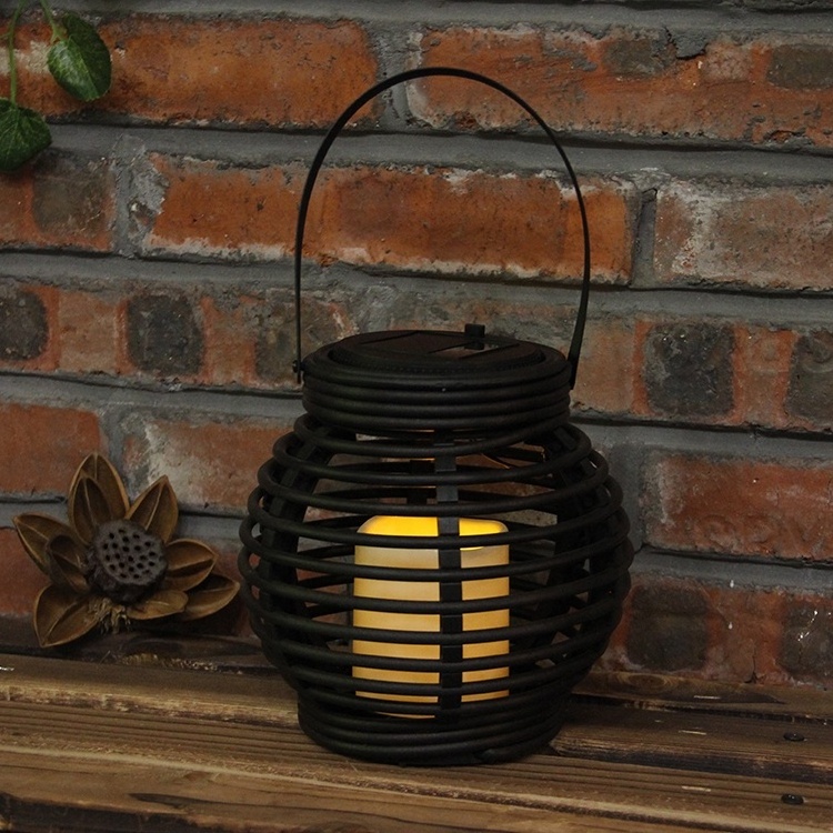 Garden black solar powered round rattan rechargeable LED candle solar lantern for outdoor decor