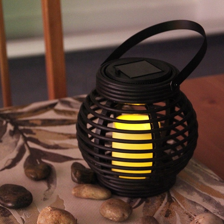 Garden black solar powered round rattan rechargeable LED candle solar lantern for outdoor decor